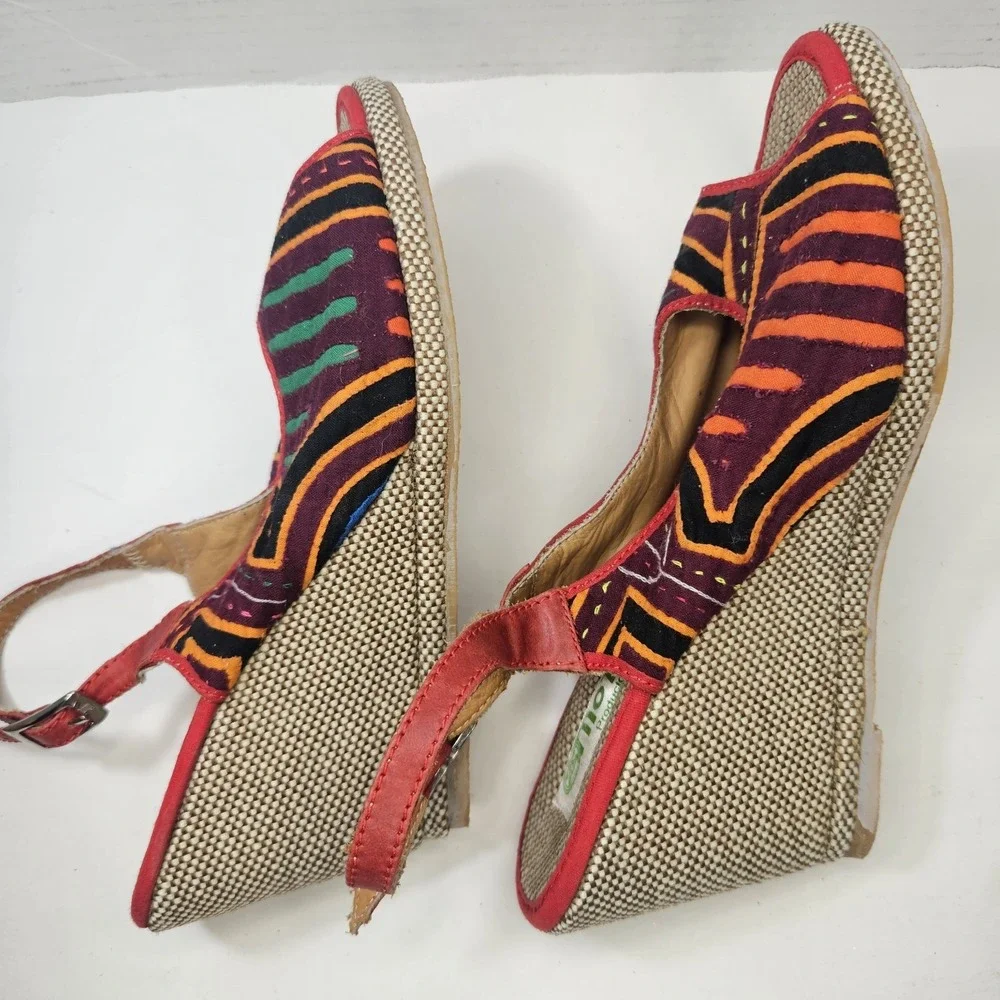 Handmade Tribal Wedge Sandals Size 38 Colombia Textile Leather Boho‎ 7.5